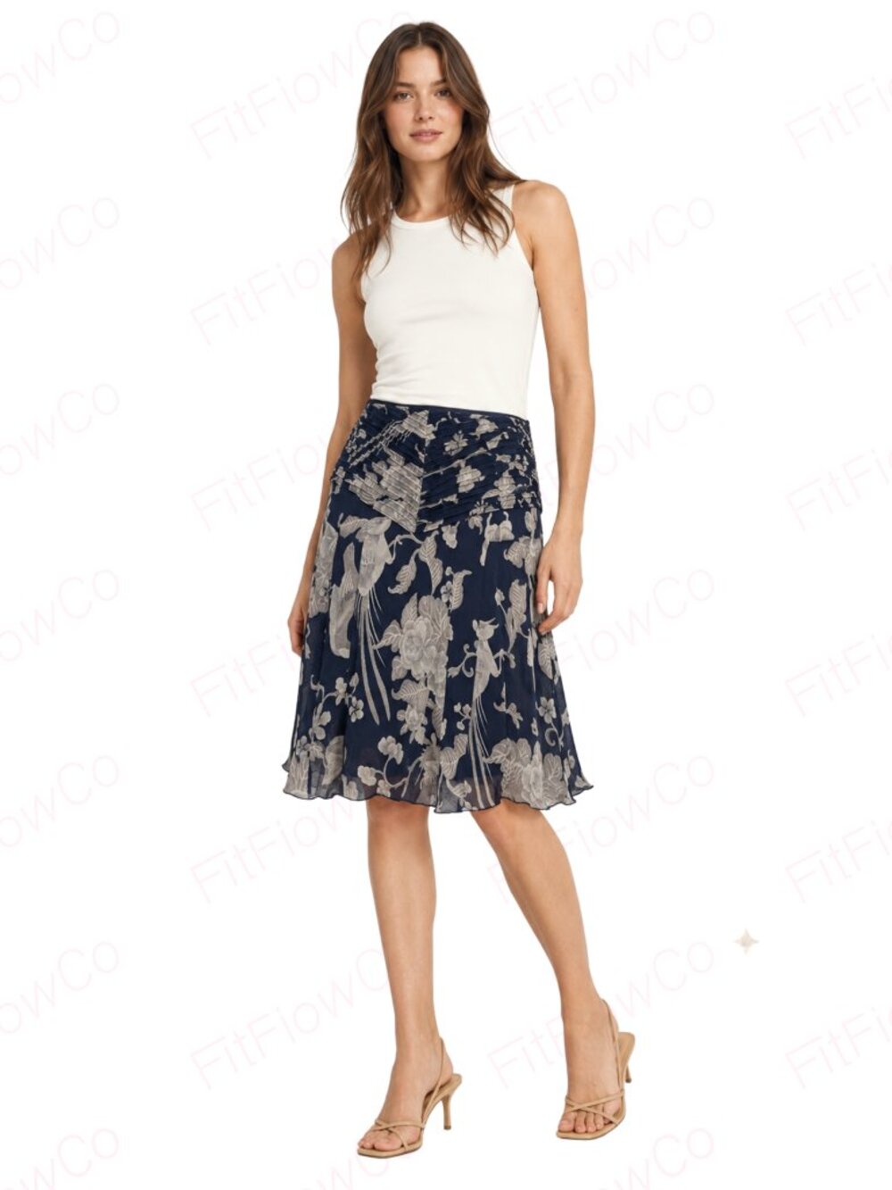 Arden B 100% Silk Navy Bird Floral Pleated Yoke Lined Skirt